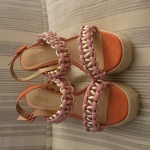 Schutz Womens Juliet orange pink Leather Braided Slingback Espadrilles Shoes